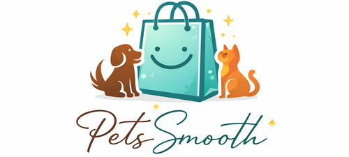 Logo for 'Pets Smooth' featuring a smiling shopping bag with a dog and cat on a white background.
